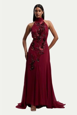 Karen Millen Embellished Halter Maxi Dress in Wine at Nordstrom, Size 10