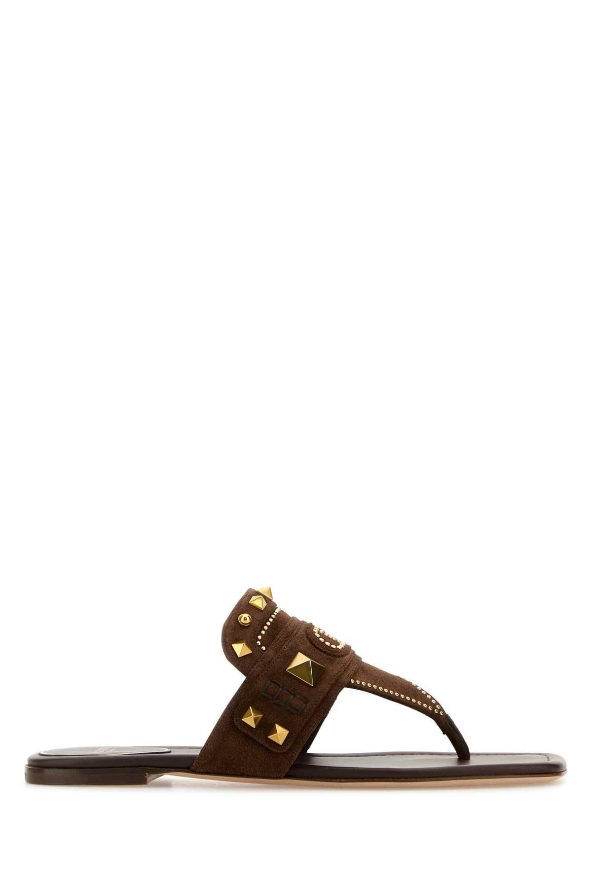 サンダル・ミュール VALENTINO Brown suede Plaster Caster thong slippers Valentino Garavani Brown Suede Plaster Caster Thong Slippers