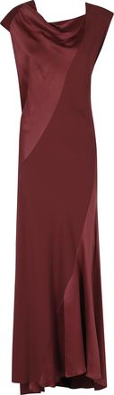 Alberta Ferretti Bordeaux Asymmetric Cowl Neck Viscose Satin Maxi Dress
