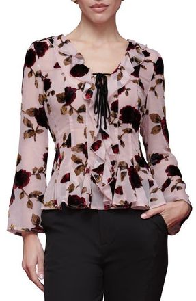 Avec Les Filles Ruffle Trim Floral Print Shirt in Rose Burnout at Nordstrom, Size X-Small
