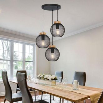 Globo Lighting Lampada a sospensione lampada a sospensione da soffitto vintage in metallo nero industriale, 3 lampadine, legno marrone, 3x prese E27, DxH 44x120cm
