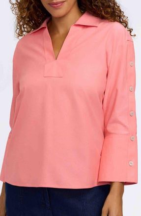 Foxcroft Lainey Button Accent Cotton Popover Top in Coral Reef Red at Nordstrom, Size X-Large