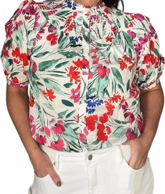 Sugarlips Womens Kivia Blossom Smocked Mock Neck Top In White