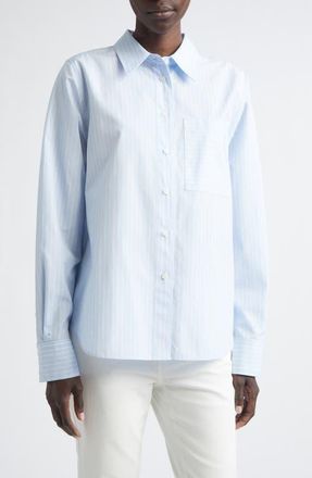 Lafayette 148 New York Stripe Oversize Cotton Poplin Button-Up Shirt in Oxford Blue Multi at Nordstrom, Size X-Small