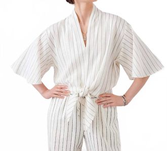 Karen Kane Linen Blend Stripe Flare Sleeve Tie-Front Top In Cream/black