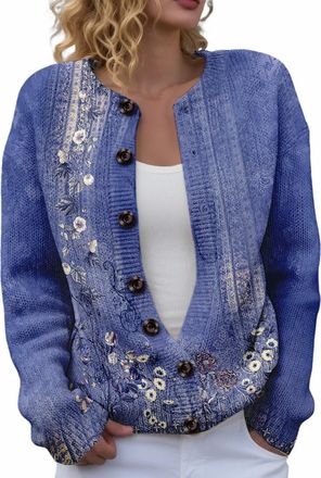 Generic Cardigan Sweaters For Women Lightweight Open Front Button Down Knitted Sweaters Ladies Floral Printed Jumper Cardigan Winter Spring Knitwear Dressy Ca