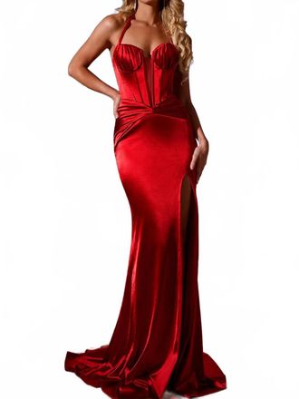Jovani Strapless Fitted Satin Gown With Corset And Train In Red