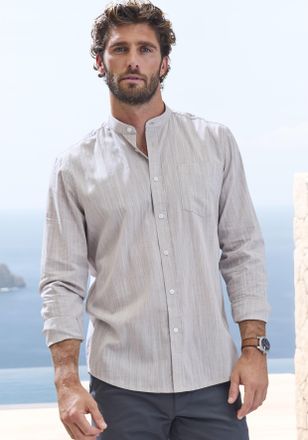 H.I.S Langarmhemd H.I.S, Herren, Gr. XXL (45/46), N-Gr, beige, Web, Obermaterial: 100% Baumwolle, unifarben, regular fit, Rundhals, Manschette, Hemden Langa