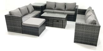 Fimous Outdoor Garden Furniture Set 8 Pieces Rattan Sofa Set with Coffee Table 3 Footstools Side Table Dark Grey Mixed - Fimous