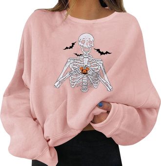 Generic Halloween Kostüm Womens Halloween Pullovers Graphic Print Round Neck Long Sleeve Sweatshirt Tops (L) Pink