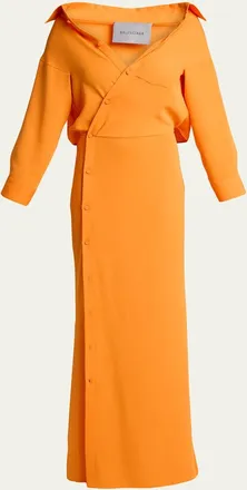 Balenciaga Off-The-Shoulder Silk Cady Asymmetric Maxi Shirtdress