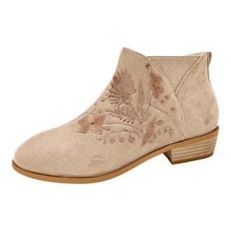Generic Winter Stylish Women Autumn Ankle Boots with Flock Square Heels Zipper Closure Embroidered Floral Design Round Toe Booties (Khaki, 4. 5)