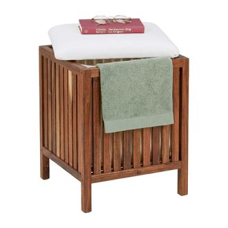 Relaxdays Relaxdays Cesta De Ropa Con Asiento Y Almacenaje, 50 L, 50x40x40 Cm, Madera De Acacia Y Tela, Marr&oacute;n/blanco