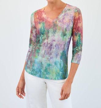 FDJ 3/4 Sleeve V-Neck Top In Floral Blur
