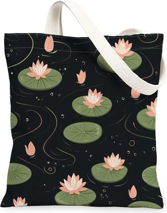 Generic Spring Japanese Water Lily pad Canvas Tote Bag for Shopping 13x15, Fun Asian Chinese Floral Reusable Grocery Print Bag for Women Men, Cool Aesthetic P