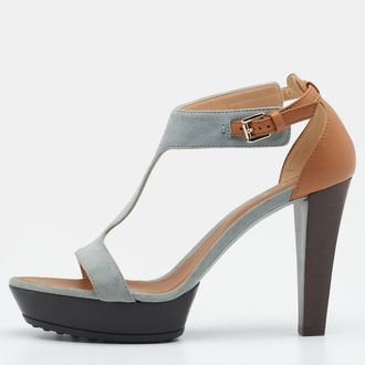 Tod's Tods Grey/beige Suede And Leather T-Strap Platform Sandals