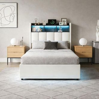 OEM Lit Coffre - Pocketpop - 90x200 Cm - Terciopelo Blanco - Almacenamiento Hidr&aacute;ulico, Led Y Usb