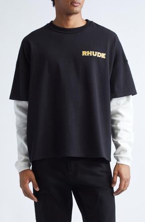 Rhude Steel Double-Layered Graphic T-Shirt in Black /White 3028 at Nordstrom, Size X-Large