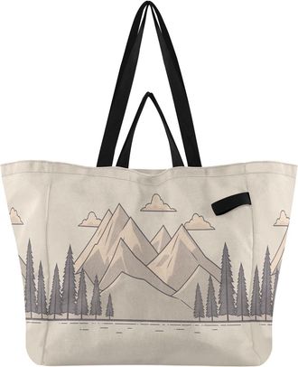 Generic Mountain Pine Tree Beige pattern Reusable Canvas Tote Bag, Heavy Duty Grocery Shopping Bag with Large Capacity Hard Bottom Double Handles Work Groceri