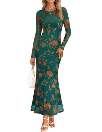 Merokeety Womens Fall Long Sleeve Maxi Dresses Bodycon Floral Mesh Sexy Wedding Guest Cocktail Party Dress, Green, S