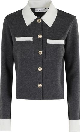 Self Portrait Cardigans, female, Gray, M, Contrast Collar Cardigan in Grey and White