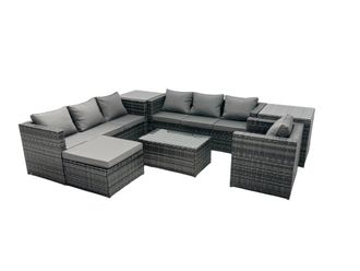 Fimous 8-seater Patio Coffee Table Sofa Set with Big Stool 2 Side Tables in Dark Grey