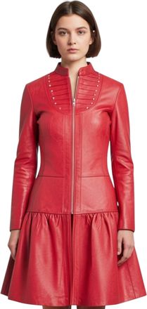 Infinity Leather Womens Ribet Goth Red Leather Victorian Studded Flare Coat- Larvik