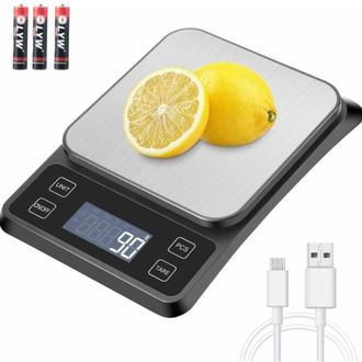 Elle Balanza De Cocina, Balanza De Precisi&oacute;n Recargable Por Usb, Balanza Electr&oacute;nica De 10 Kg/1 G, Acero Inoxidable, Medici&oacute;n De L&iacute;quidos, Pantalla Lcd Ret