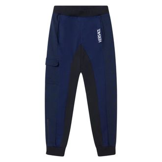 Versace Cotton La Greca Signature Trim Joggers - male - Versace - Sweatpants - Blue - 10 Y - Kids