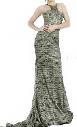Jovani Form Fitting High Halter Gown In Gold/black