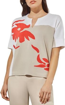 Ming Wang Placed Floral Short Sleeve Sweater in Flamenco/Limestone/White at Nordstrom Rack, Size Large/x-Large