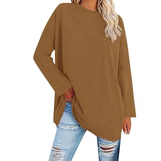 Generic Womens Basic Long Sleeve Cotton T Shirts Simple Solid Color Comfy V Neck Loose Baggy Tunic Tee Shirts Tops Coffee