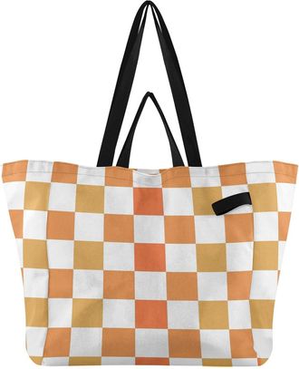 Generic Orange Checkerboard pattern Reusable Canvas Tote Bag, Heavy Duty Grocery Shopping Bag with Hard Bottom Large Capacity Double Handles Work Groceries Tr