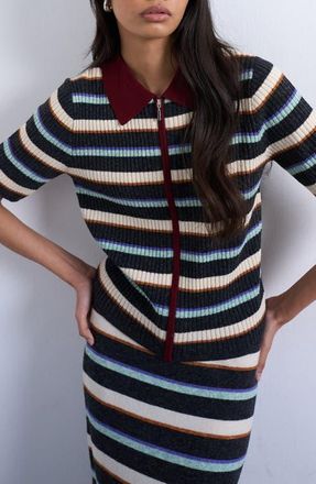 Topshop Stripe Zip Rib Polo in Burgundy at Nordstrom, Size X-Small