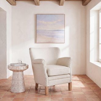 Maisons du monde Sill&oacute;n de tejido de poli&eacute;ster efecto lino beige con patas de madera de roble claro