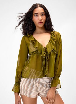 Twik Womens Ruffles sheer chiffon blouse
