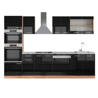 Vicco Mueble De Cocina R-line, Roble Negro/dorado De Alto Brillo, 300 Cm Con Armario Alto, Et M&aacute;rmol, Vicco