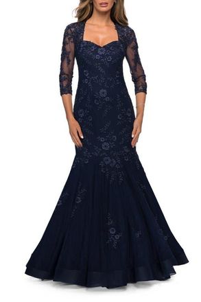 La Femme Long Lace Mermaid Gown with Square Neckline in Navy at Nordstrom, Size 10