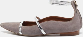 Malone Souliers Grey/silver Suede And Leather Ankle Strap Ballet Flats