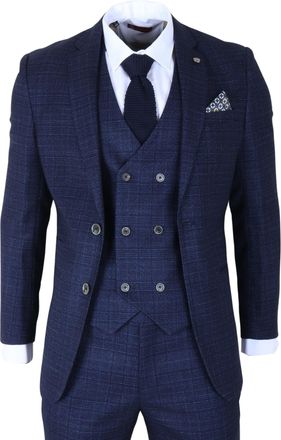 Infinity Leather Mens Blue Plain Check 3 Piece Slim Fit Formal Wedding Suit