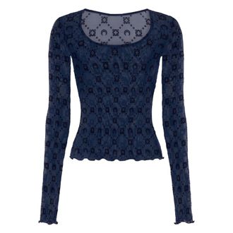 Marine Serre Blouses, female, Blue, Size: S Moonogram Mesh Flock LS Roundneck Top