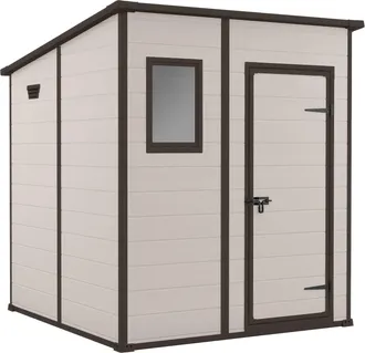 Keter Manor Pent 6x6 - Caseta De Jard&iacute;n 183,50x200x185 Cm 1 Puerta Para Almacenamiento De Herramientas Acabado Efecto Madera Rayada En Resina Beige