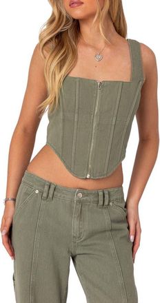 Edikted Lottie Washed Denim Crop Corset Top in Olive at Nordstrom, Size X-Small
