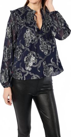 Sail to Sable Ruffle Front Top In Navy Metallic Jacquard