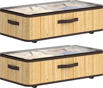HOMCOM Homcom Juego De 2 Cajas De Almacenaje Bajo Cama Con Ruedas, 60l, De Bamb&uacute; Con Tapa Transparente Y Asa, Marco Met&aacute;lico, Para Zapatos, Mantas, Natural