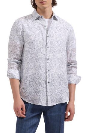 Bugatchi Julian Shaped Fit Paisley Print Linen Button-Up Shirt in White at Nordstrom, Size Xxx-Large