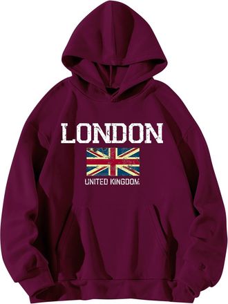 Generic HOOUDO Union Jack Hoodies for Women London United Kingdom Pullover Tops Letter Printed Sweatshirt Streetwear British Flag Novelty Custom Jumpers Graph