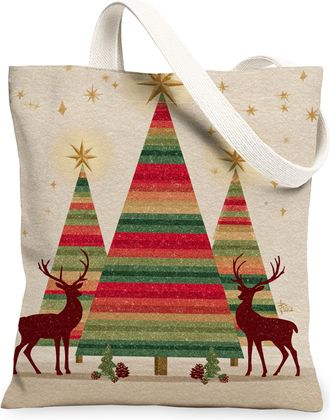 Generic Christmas Deer Canvas Tote Bags, Rustic Tree Design Reusable Grocery Bags, Winter Eco-Friendly Lightweight Washable Shoulde, Beige, 13x15 Inch