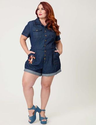 Unique Vintage Plus Size Garage Style Romper in Dark Denim W/embroidery at Nordstrom, Size 2X
