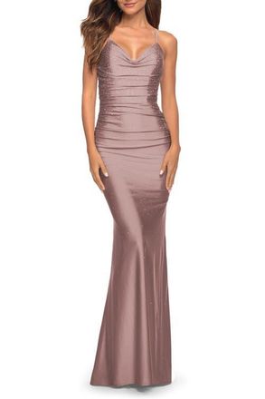 La Femme Sparkle Rhinestone Long Jersey Prom Dress in Mauve at Nordstrom, Size 14